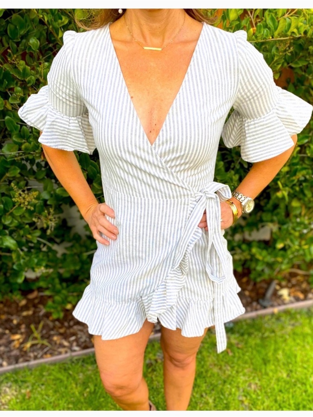 Striped White Adjustable Wrap Mini Dress with Ruffle Trim Versatile Beach Resort